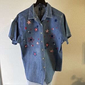 Quizz Again Women's Vintage Denim Button-Up‎ Shirt PATRIOTIC Americana Size L